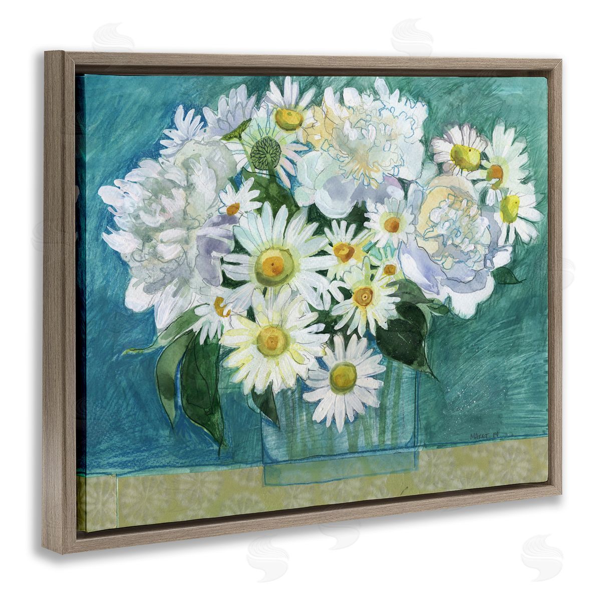 Maret Hensick Mixed White Flower Blossoms Layered Drawing Brown Floating Frame Canvas Wall Art Print