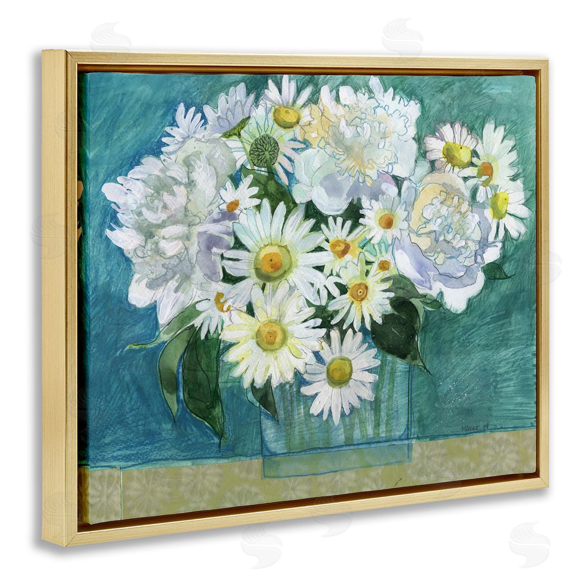 Maret Hensick Mixed White Flower Blossoms Layered Drawing Gold Floating Frame Canvas Wall Art Print