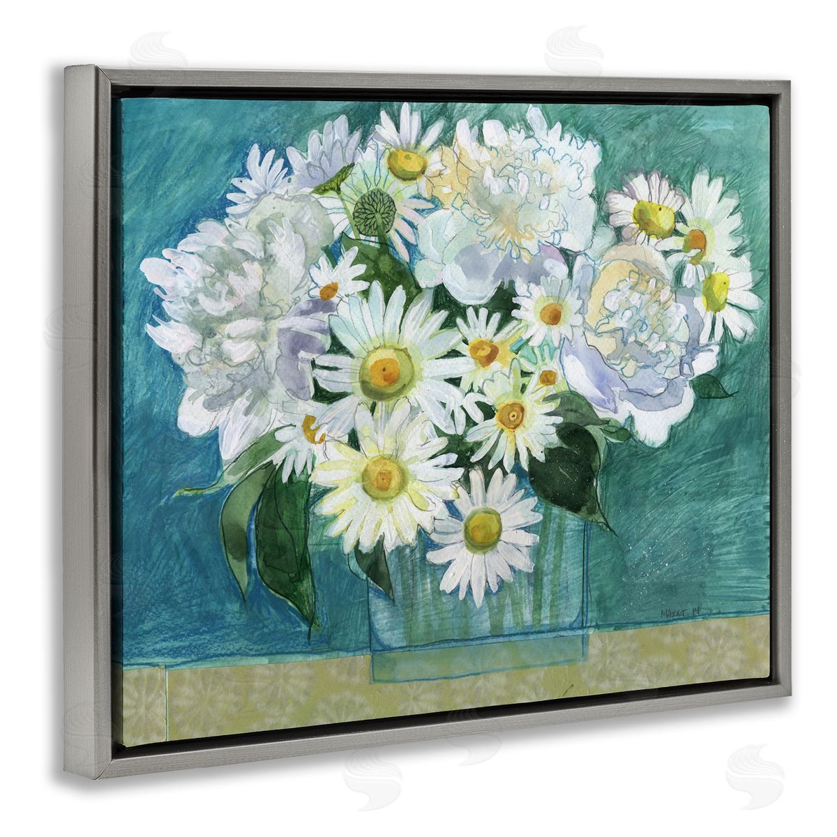 Maret Hensick Mixed White Flower Blossoms Layered Drawing Gray Floating Frame Canvas Wall Art Print
