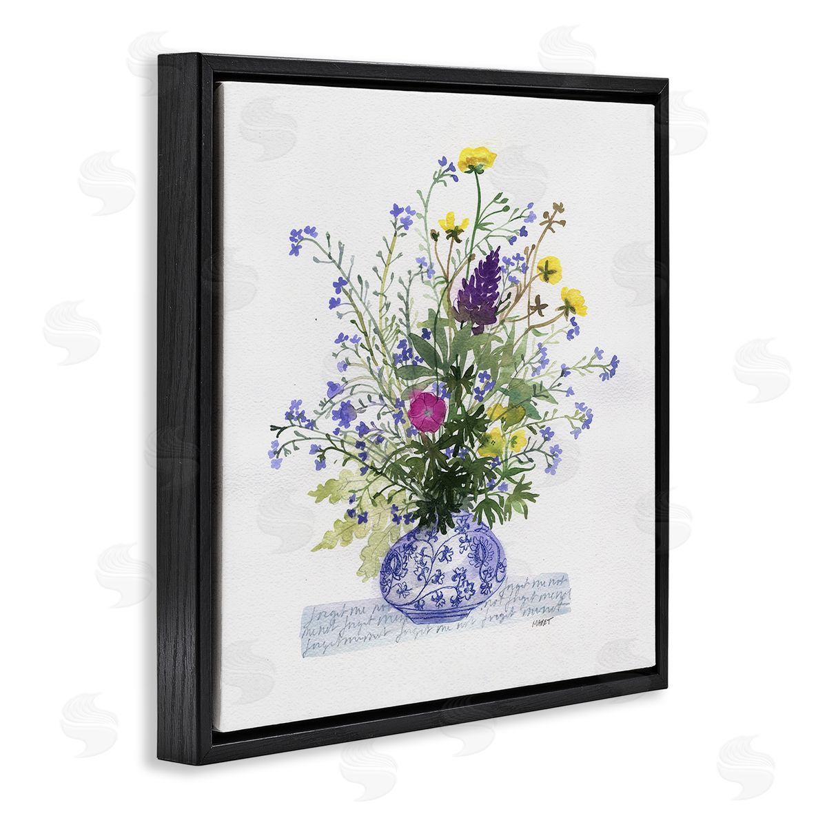 Maret Hensick Mixed Delicate Flowers Arrangement Cursive Words Pattern Black Floating Frame Canvas Wall Art Print