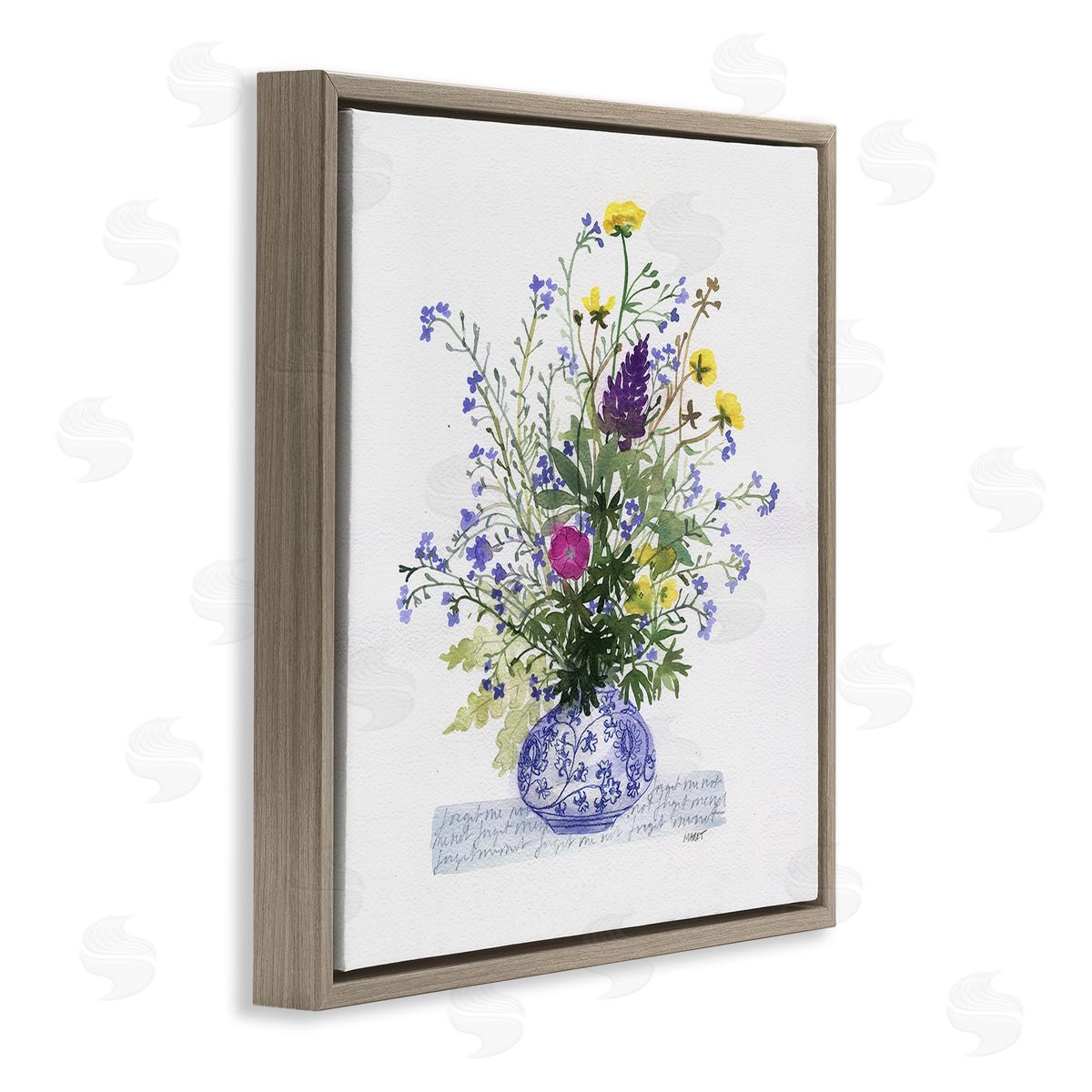 Maret Hensick Mixed Delicate Flowers Arrangement Cursive Words Pattern Brown Floating Frame Canvas Wall Art Print