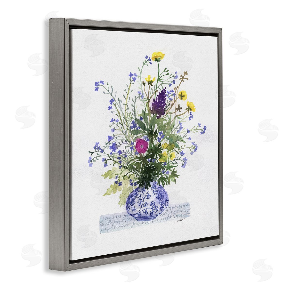 Maret Hensick Mixed Delicate Flowers Arrangement Cursive Words Pattern Gray Floating Frame Canvas Wall Art Print
