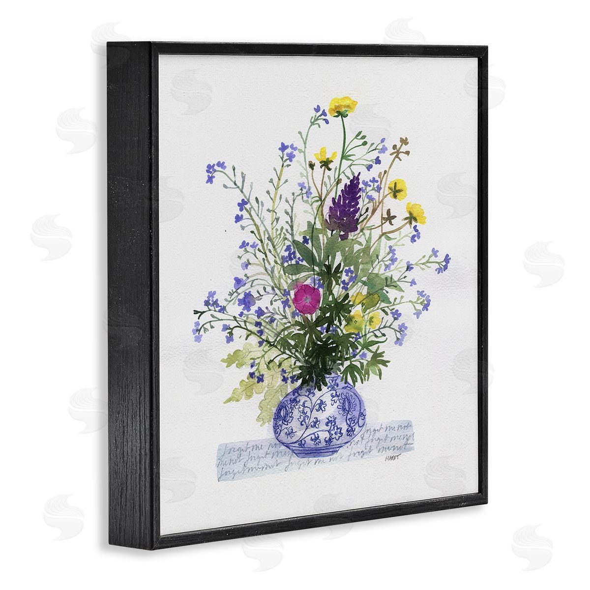 Maret Hensick Mixed Delicate Flowers Arrangement Cursive Words Pattern Black Framed Glicee Wall Art Print