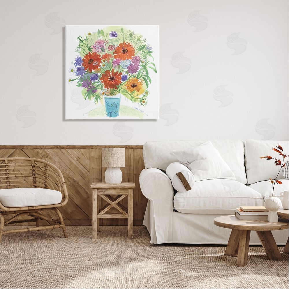 Maret Hensick Assorted Daisies Arrangement Layered Botanical Leaves Canvas Wall Art in Room