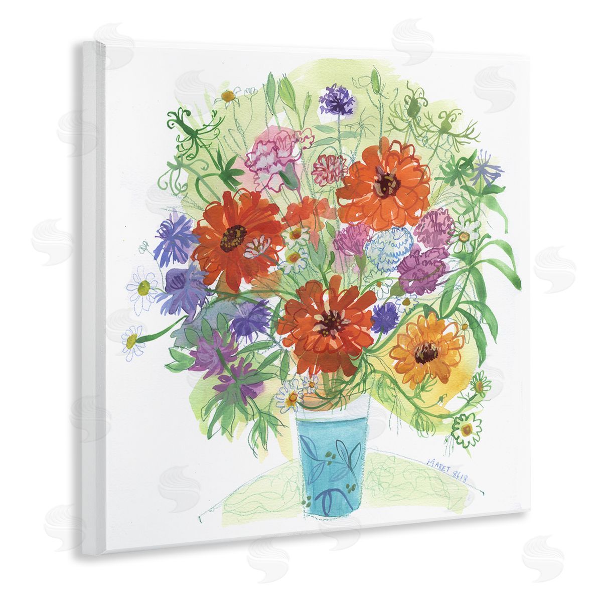 Maret Hensick Assorted Daisies Arrangement Layered Botanical Leaves Wooden Wall Plaque Art Print