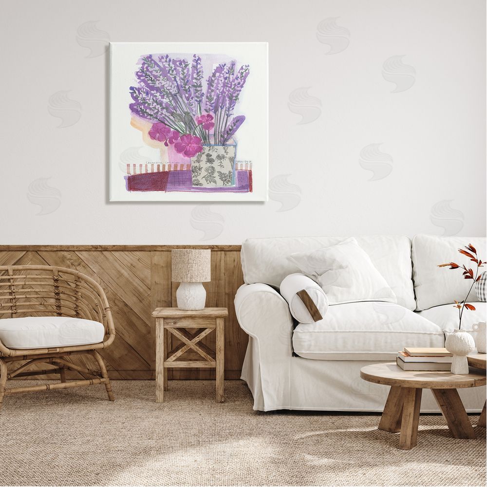 Maret Hensick Collaged Lavender Sprigs Bold Mixed Flower Blossoms  Canvas Wall Art in Room