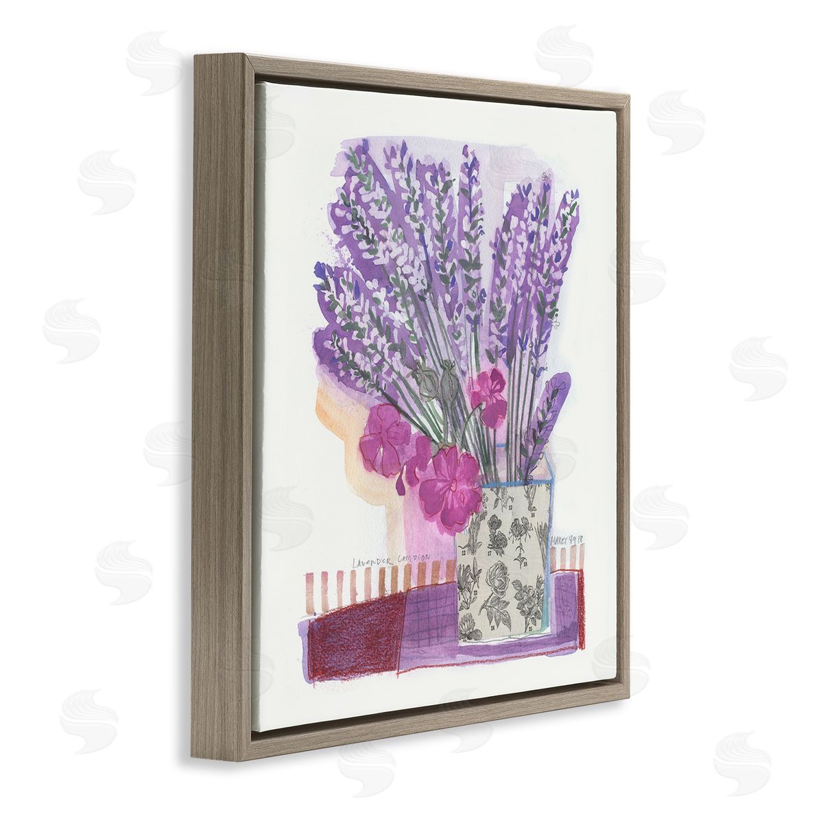 Maret Hensick Collaged Lavender Sprigs Bold Mixed Flower Blossoms  Brown Floating Frame Canvas Wall Art Print