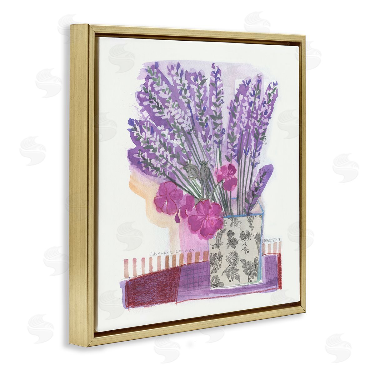Maret Hensick Collaged Lavender Sprigs Bold Mixed Flower Blossoms  Gold Floating Frame Canvas Wall Art Print