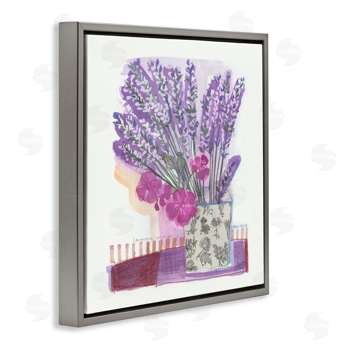 Maret Hensick Collaged Lavender Sprigs Bold Mixed Flower Blossoms  Gray Floating Frame Canvas Wall Art Print