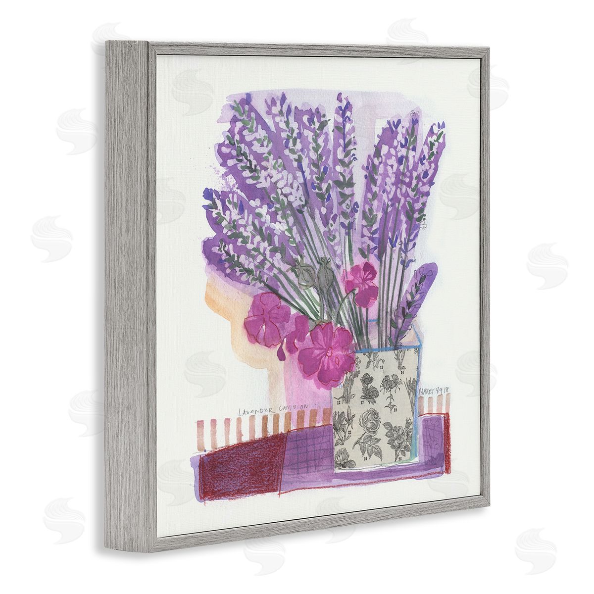 Maret Hensick Collaged Lavender Sprigs Bold Mixed Flower Blossoms  Gray Framed Glicee Wall Art Print