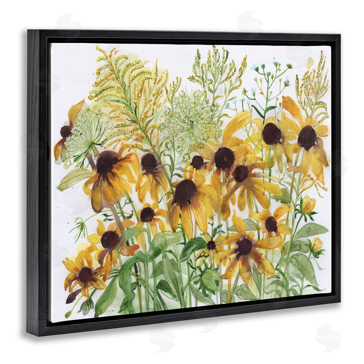 Maret Hensick Layered Yellow Daisy Blooms Wildflower Herb Sprouts Black Floating Frame Canvas Wall Art Print
