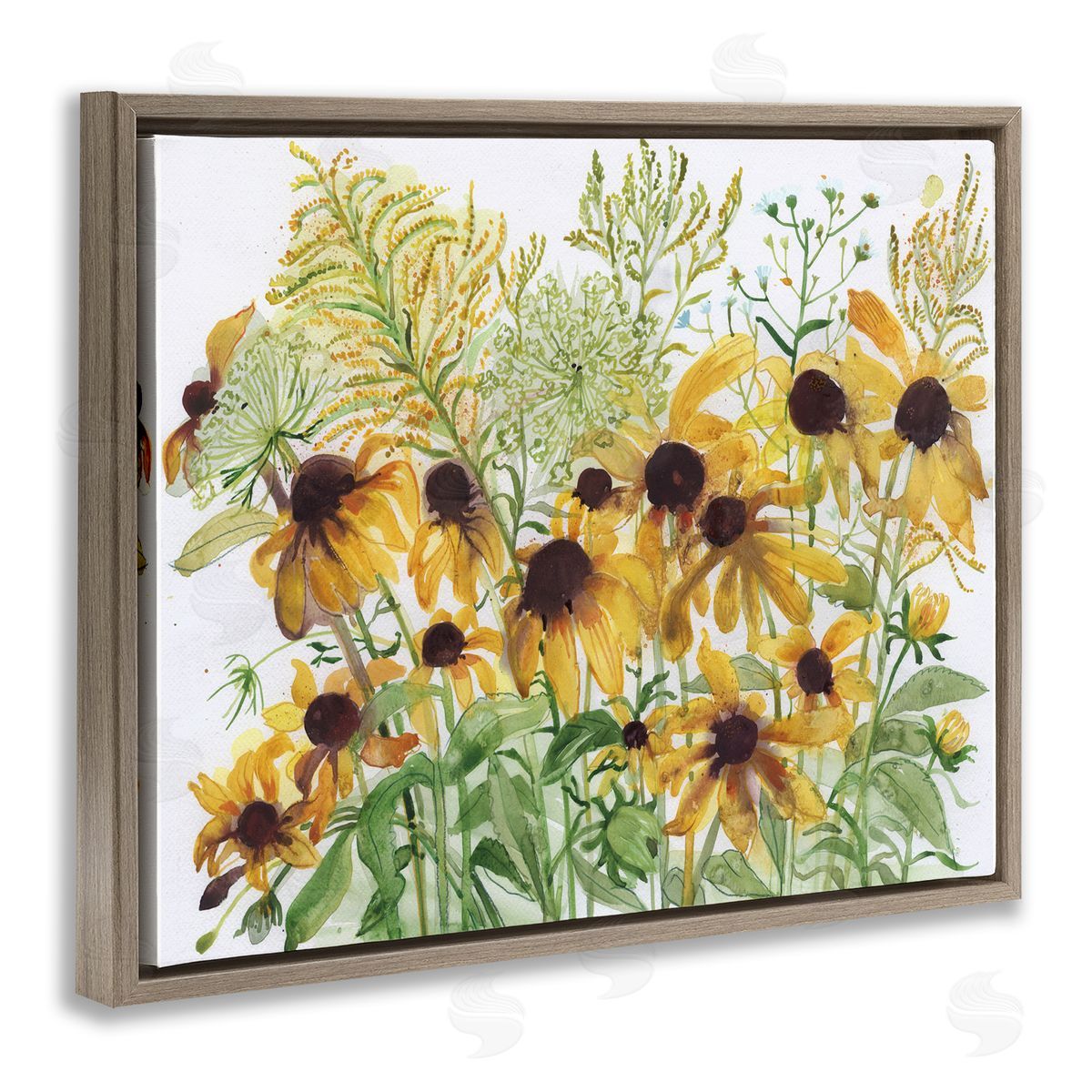 Maret Hensick Layered Yellow Daisy Blooms Wildflower Herb Sprouts Brown Floating Frame Canvas Wall Art Print