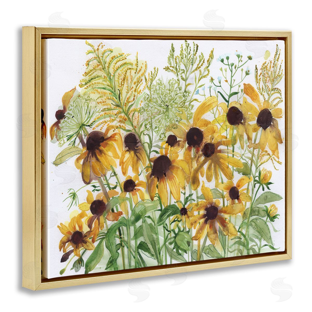 Maret Hensick Layered Yellow Daisy Blooms Wildflower Herb Sprouts Gold Floating Frame Canvas Wall Art Print
