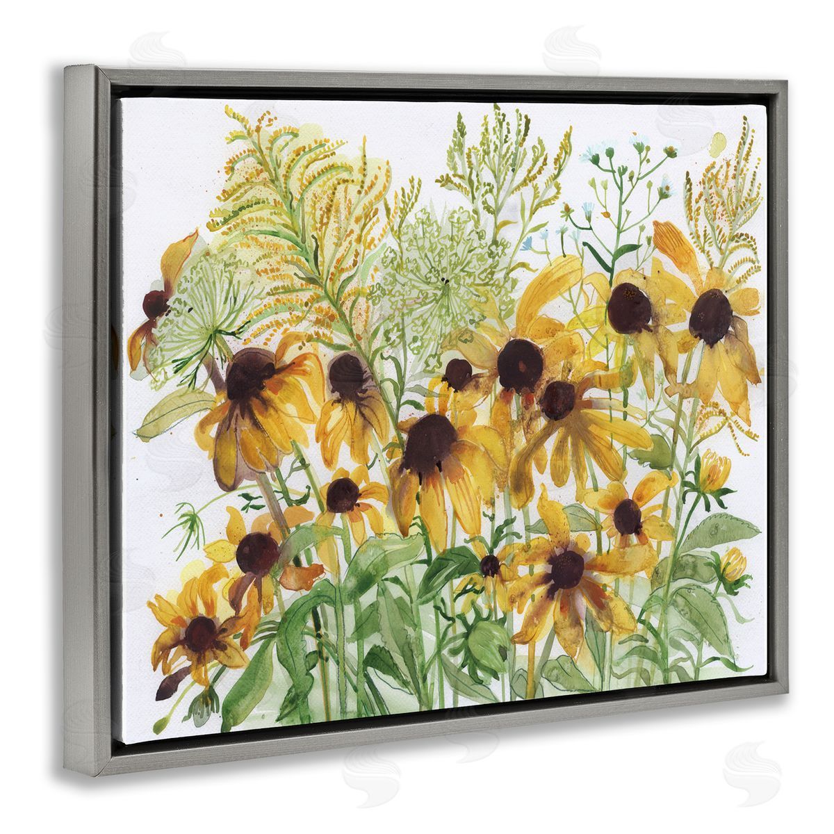 Maret Hensick Layered Yellow Daisy Blooms Wildflower Herb Sprouts Gray Floating Frame Canvas Wall Art Print