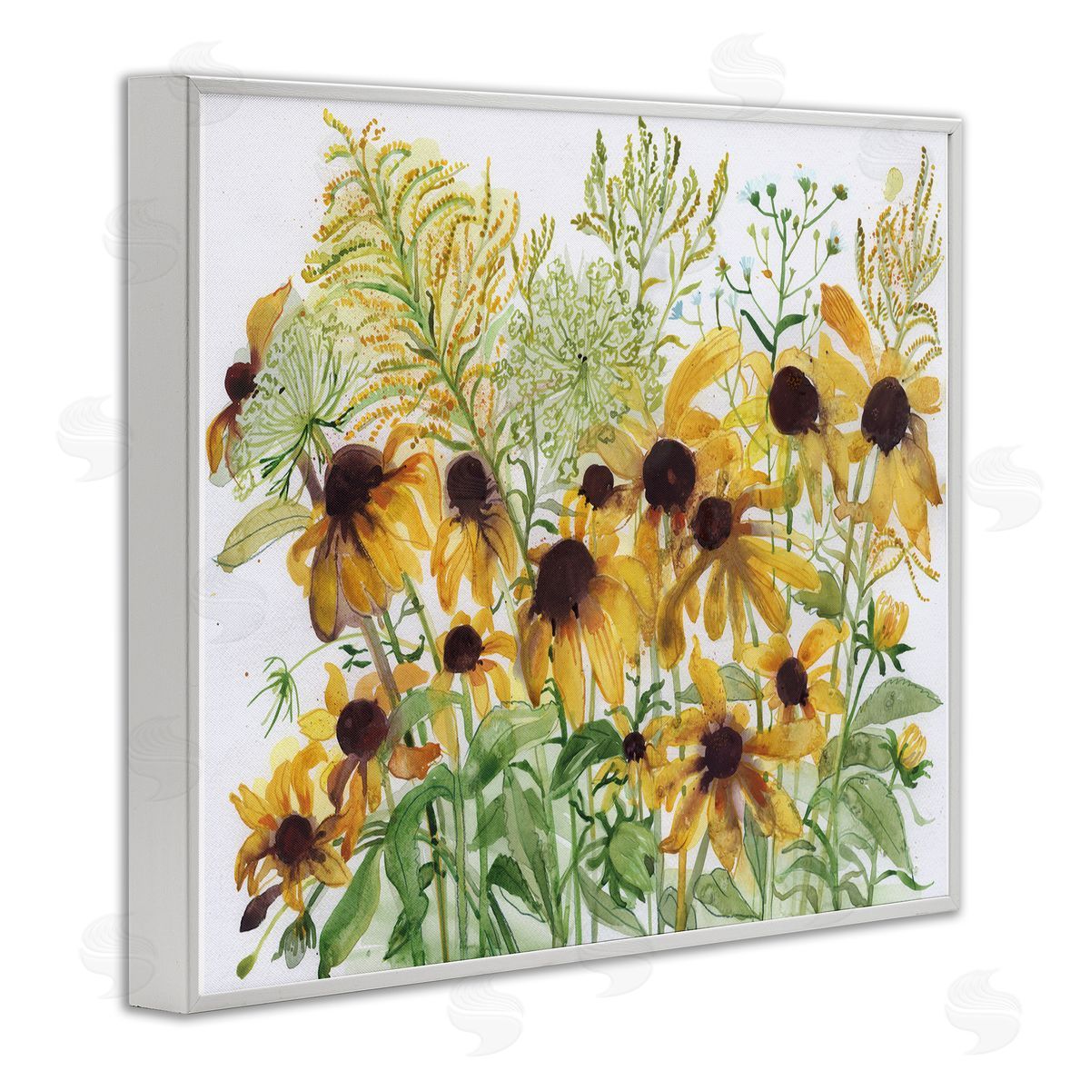 Maret Hensick Layered Yellow Daisy Blooms Wildflower Herb Sprouts White Framed Giclee Wall Art Print