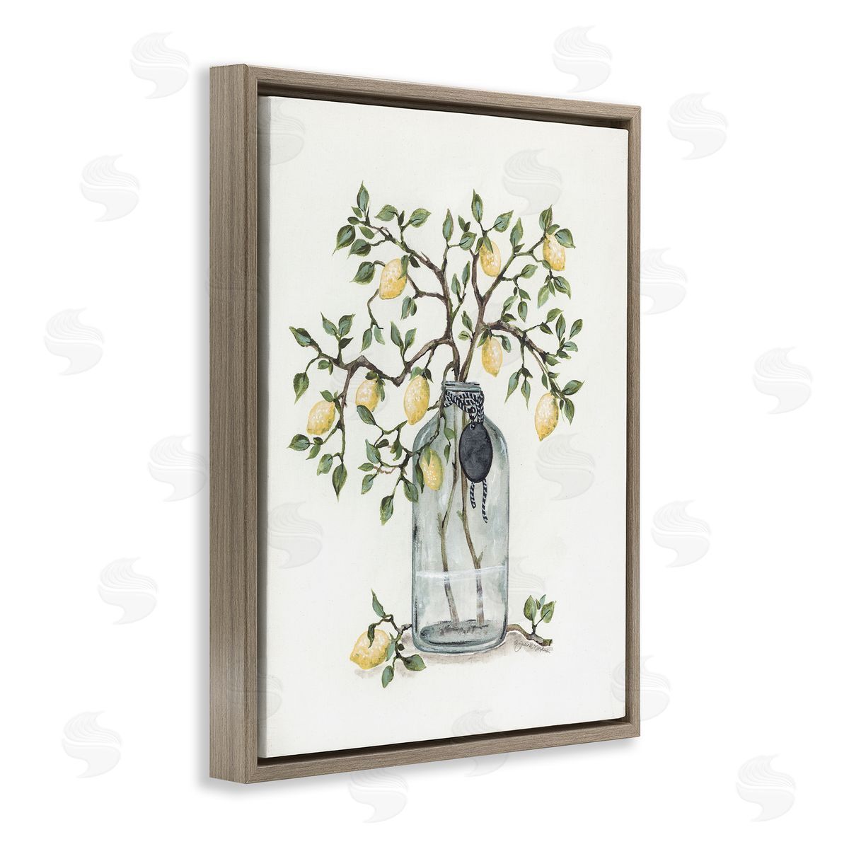 Julie Norkus Dangling Country Lemon Branches Decorated Glass Vase Brown Floating Frame Canvas Wall Art Print