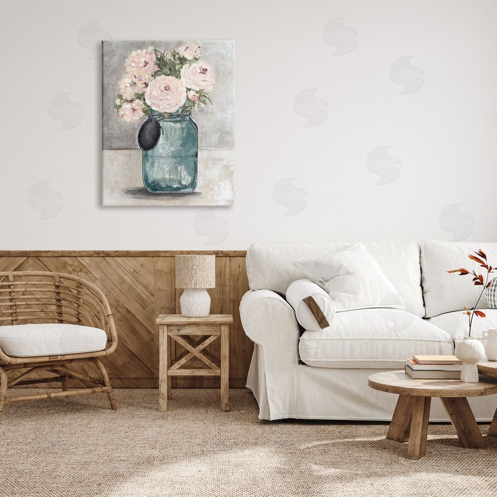 Julie Norkus Round Pink Blossoms Rustic Country Jar Vase Canvas Wall Art Print in Room
