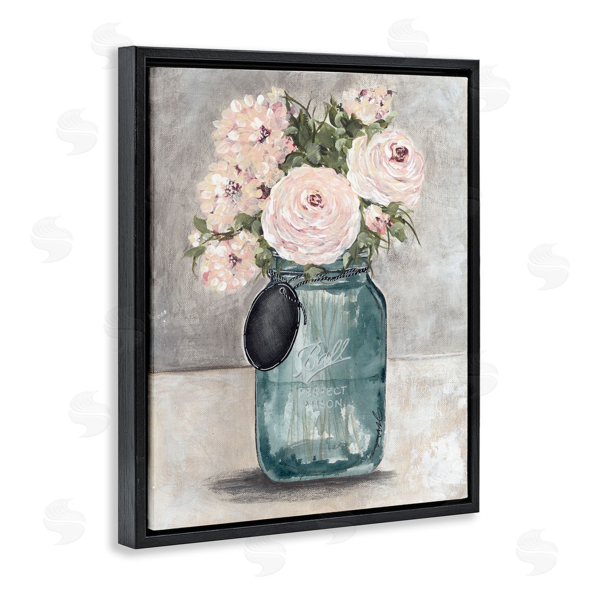 Julie Norkus Round Pink Blossoms Rustic Country Jar Vase Black Floating Frame Canvas Wall Art Print