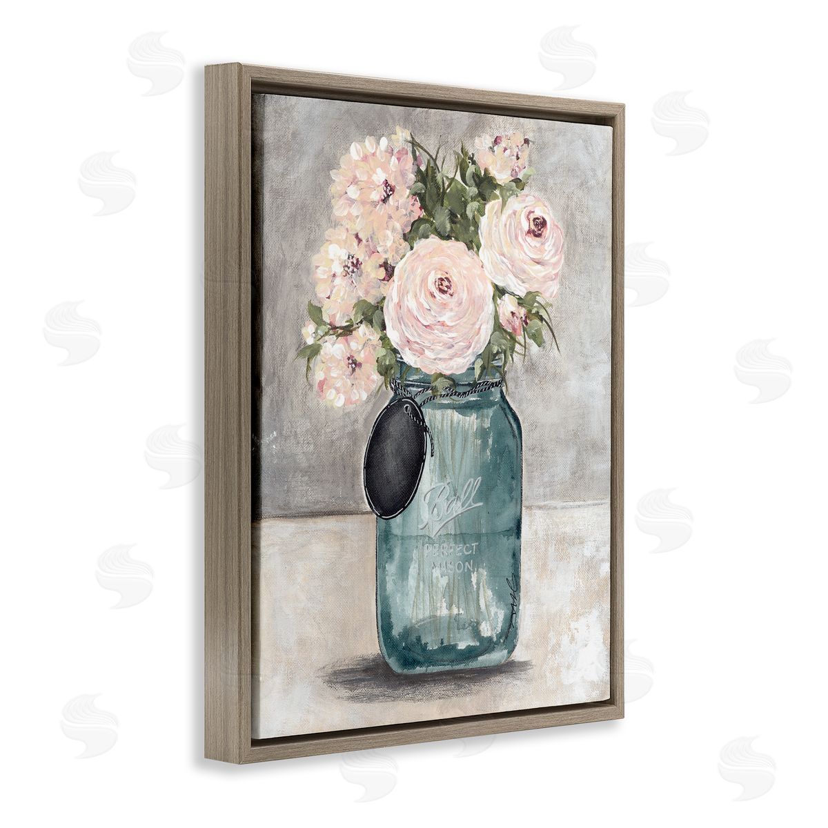 Julie Norkus Round Pink Blossoms Rustic Country Jar Vase Brown Floating Frame Canvas Wall Art Print