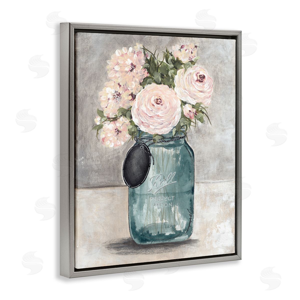 Julie Norkus Round Pink Blossoms Rustic Country Jar Vase Gray Floating Frame Canvas Wall Art Print