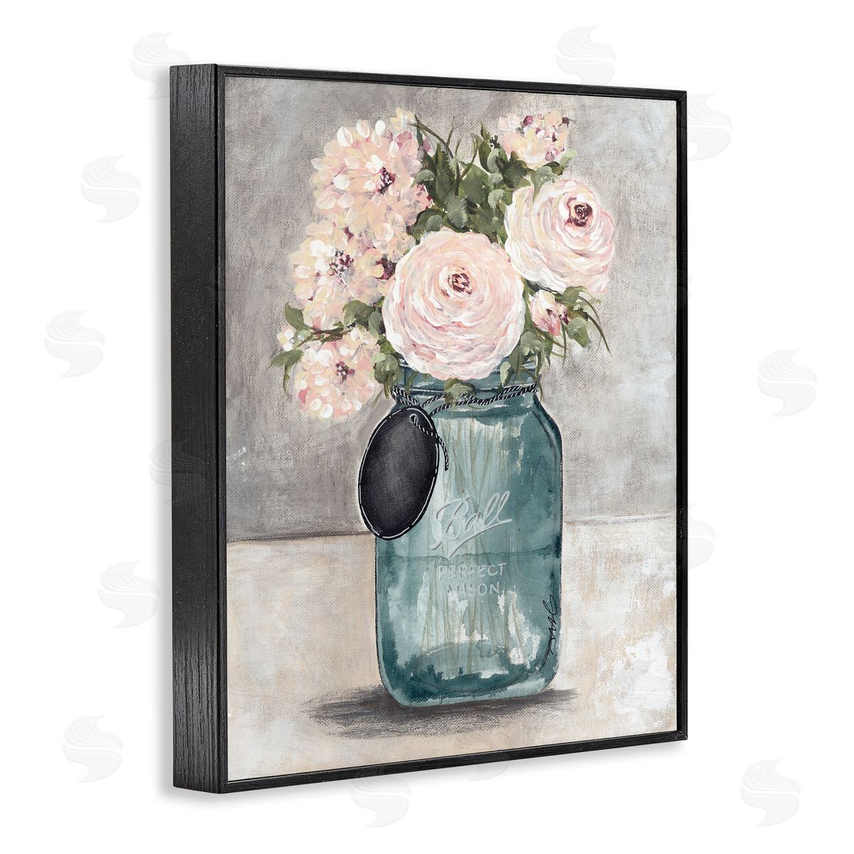 Julie Norkus Round Pink Blossoms Rustic Country Jar Vase Black Framed Giclee Wall Art Print
