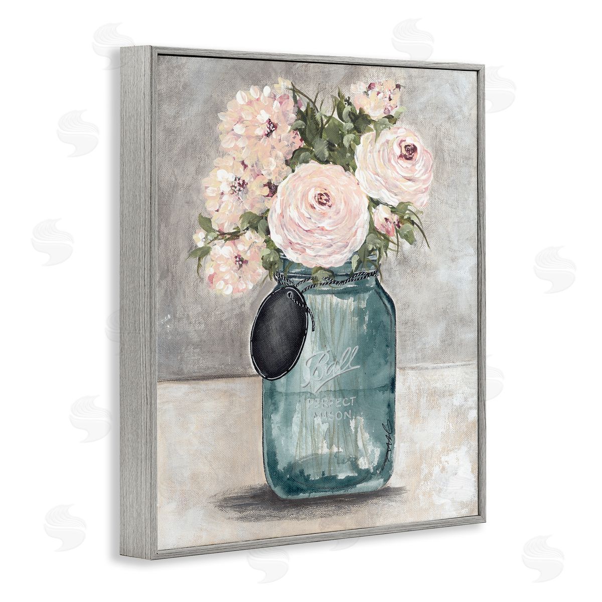 Julie Norkus Round Pink Blossoms Rustic Country Jar Vase Gray Framed Giclee Wall Art Print