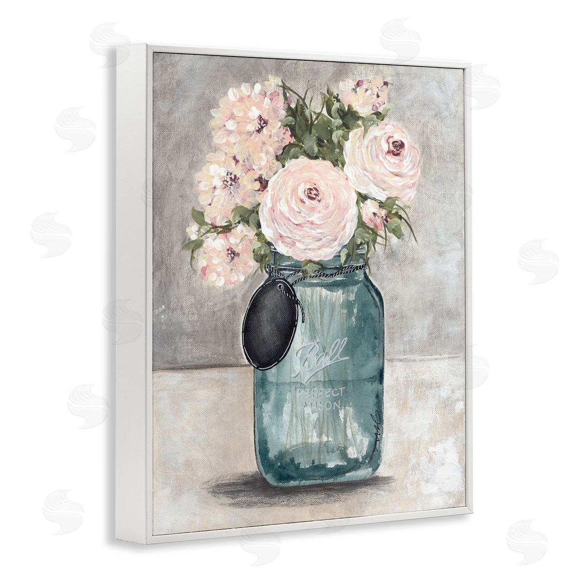 Julie Norkus Round Pink Blossoms Rustic Country Jar Vase White Framed Giclee Wall Art Print