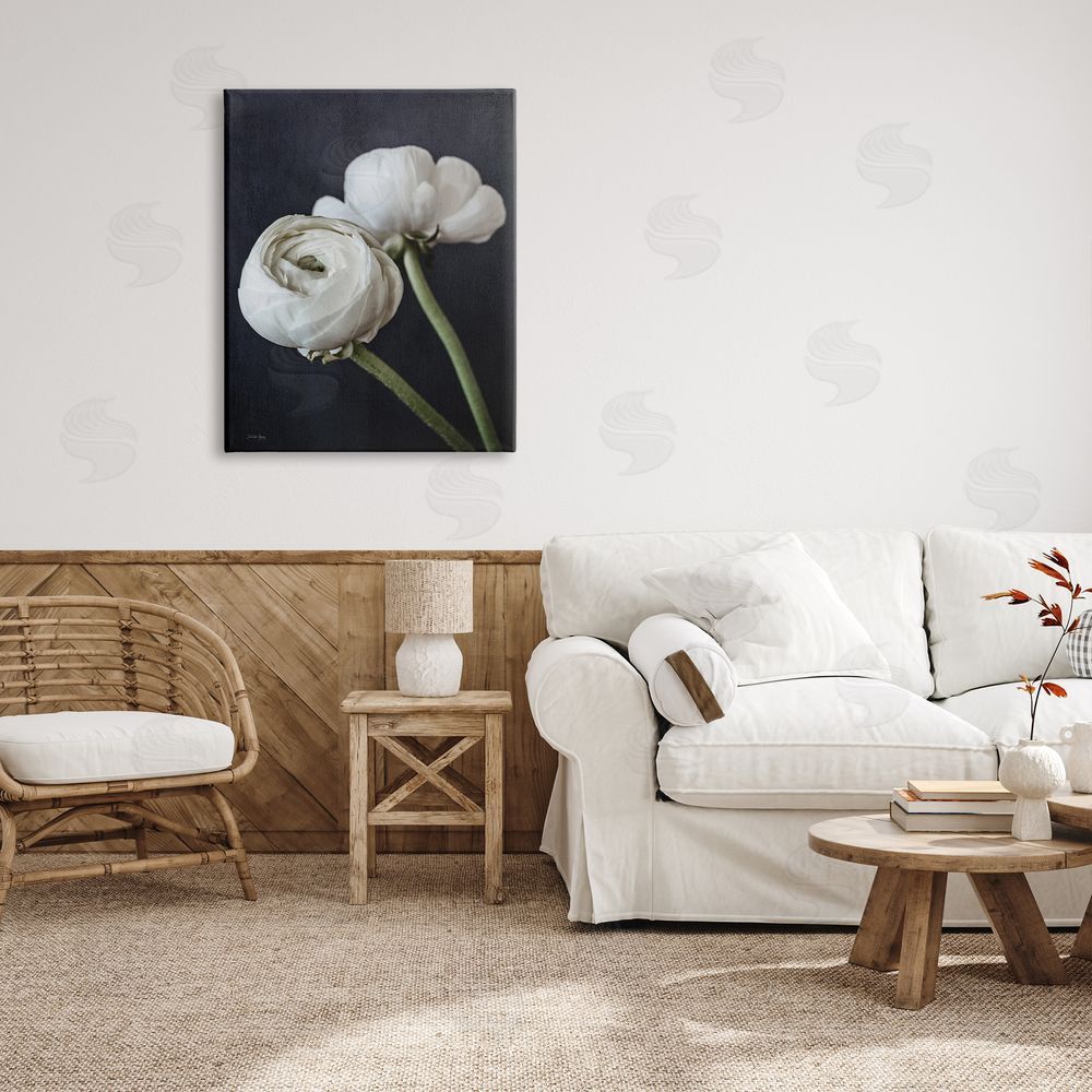 Jennifer Rigsby Modern Ranunculus Flower Blossom Arrangement White Petals Canvas Wall Art Print in Room