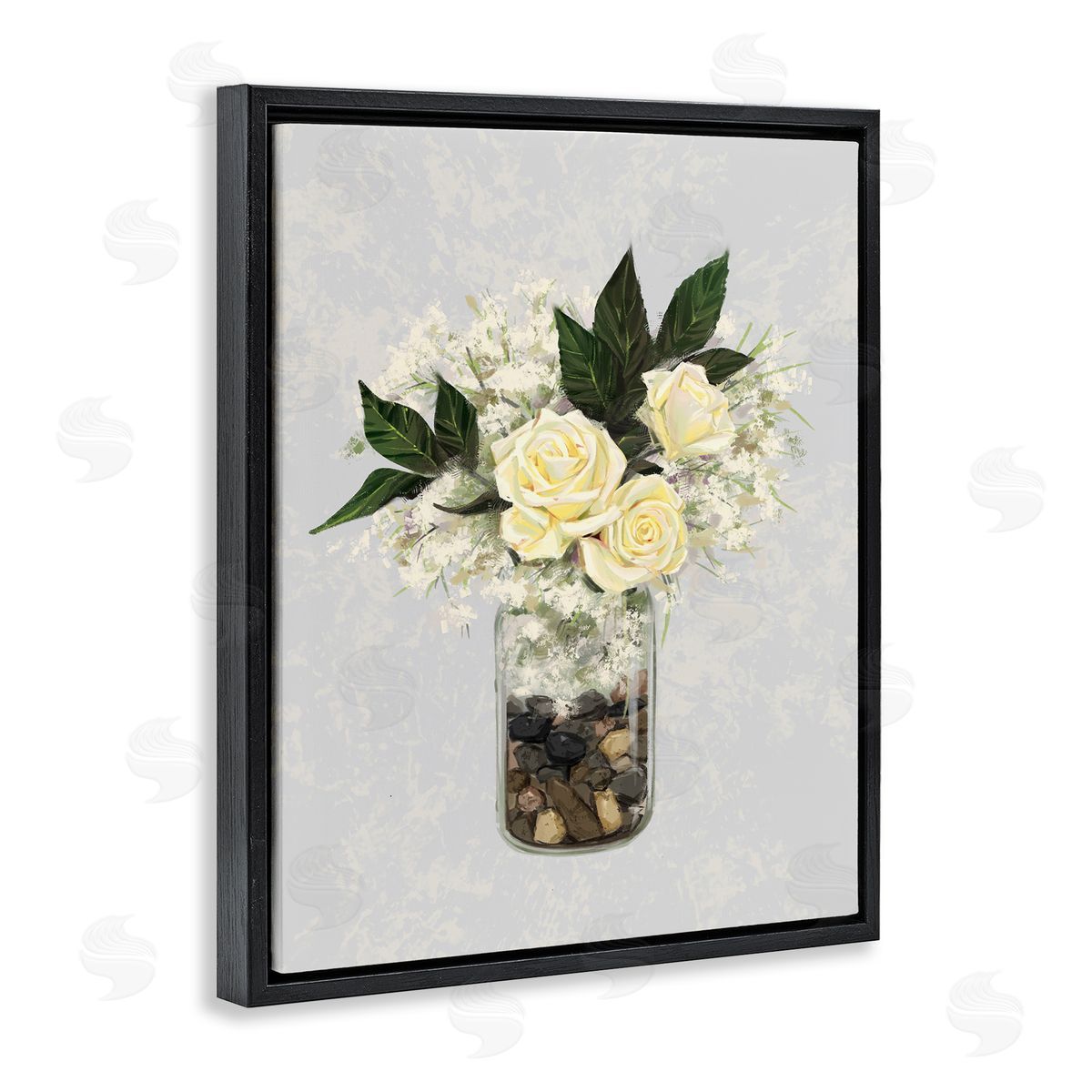 Ziwei Li Yellow Rose Flower Bouquet Decorated Rocks Vase  Black Floating Frame Canvas Wall Art Print