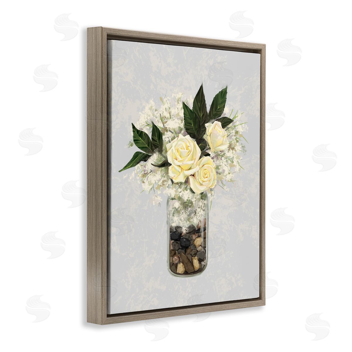 Ziwei Li Yellow Rose Flower Bouquet Decorated Rocks Vase  Brown Floating Frame Canvas Wall Art Print