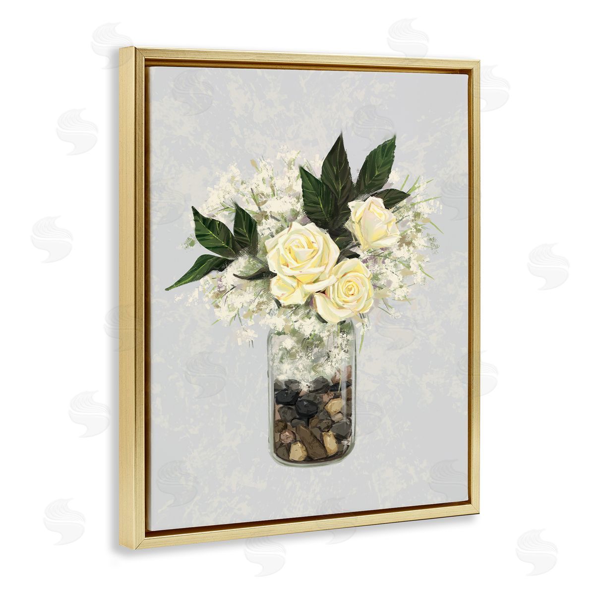 Ziwei Li Yellow Rose Flower Bouquet Decorated Rocks Vase  Gold Floating Frame Canvas Wall Art Print
