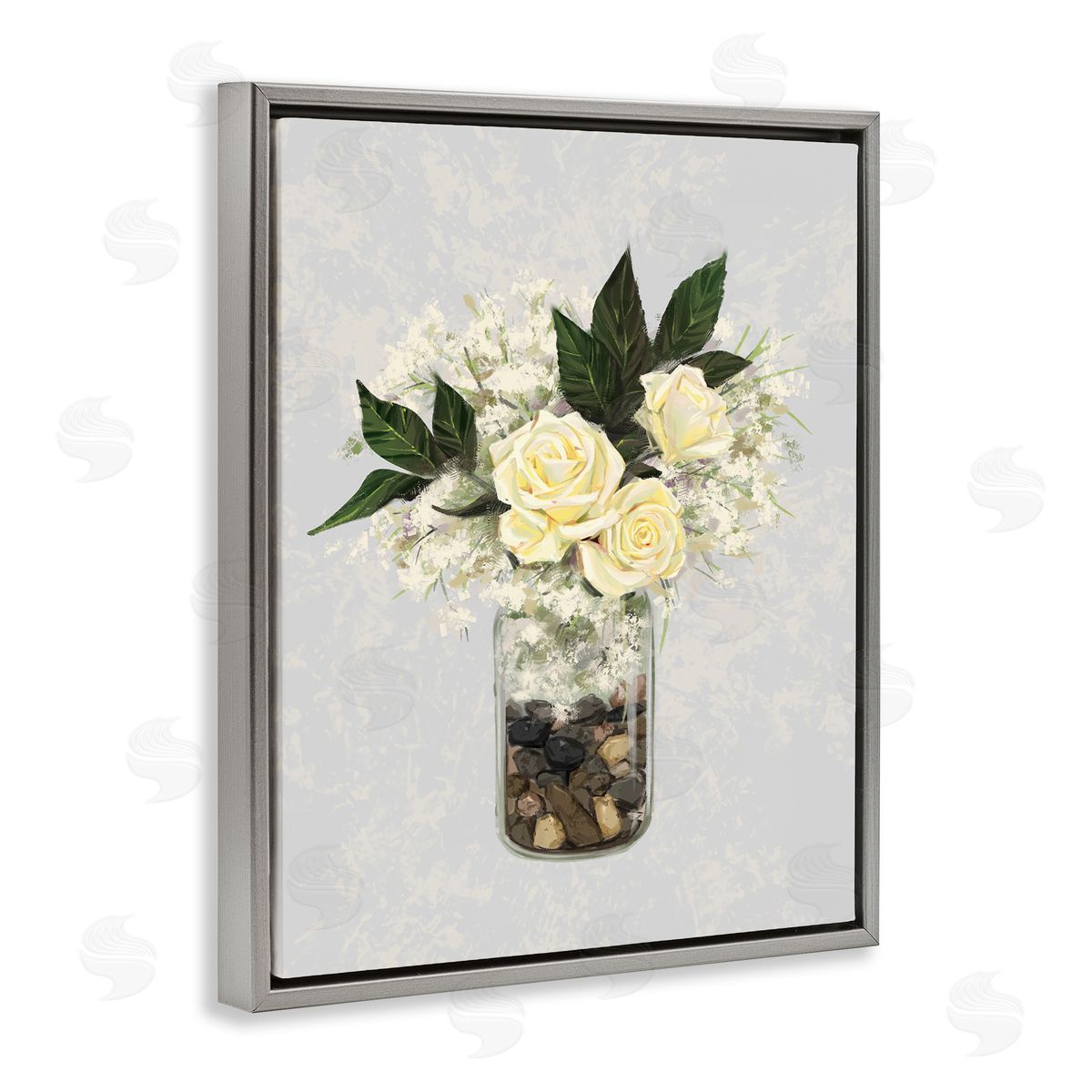 Ziwei Li Yellow Rose Flower Bouquet Decorated Rocks Vase  Gray Floating Frame Canvas Wall Art Print