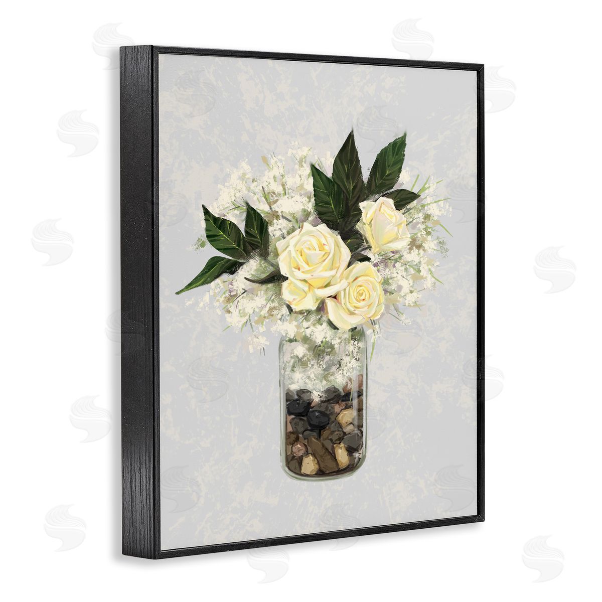 Ziwei Li Yellow Rose Flower Bouquet Decorated Rocks Vase  Black Framed Giclee Wall Art Print