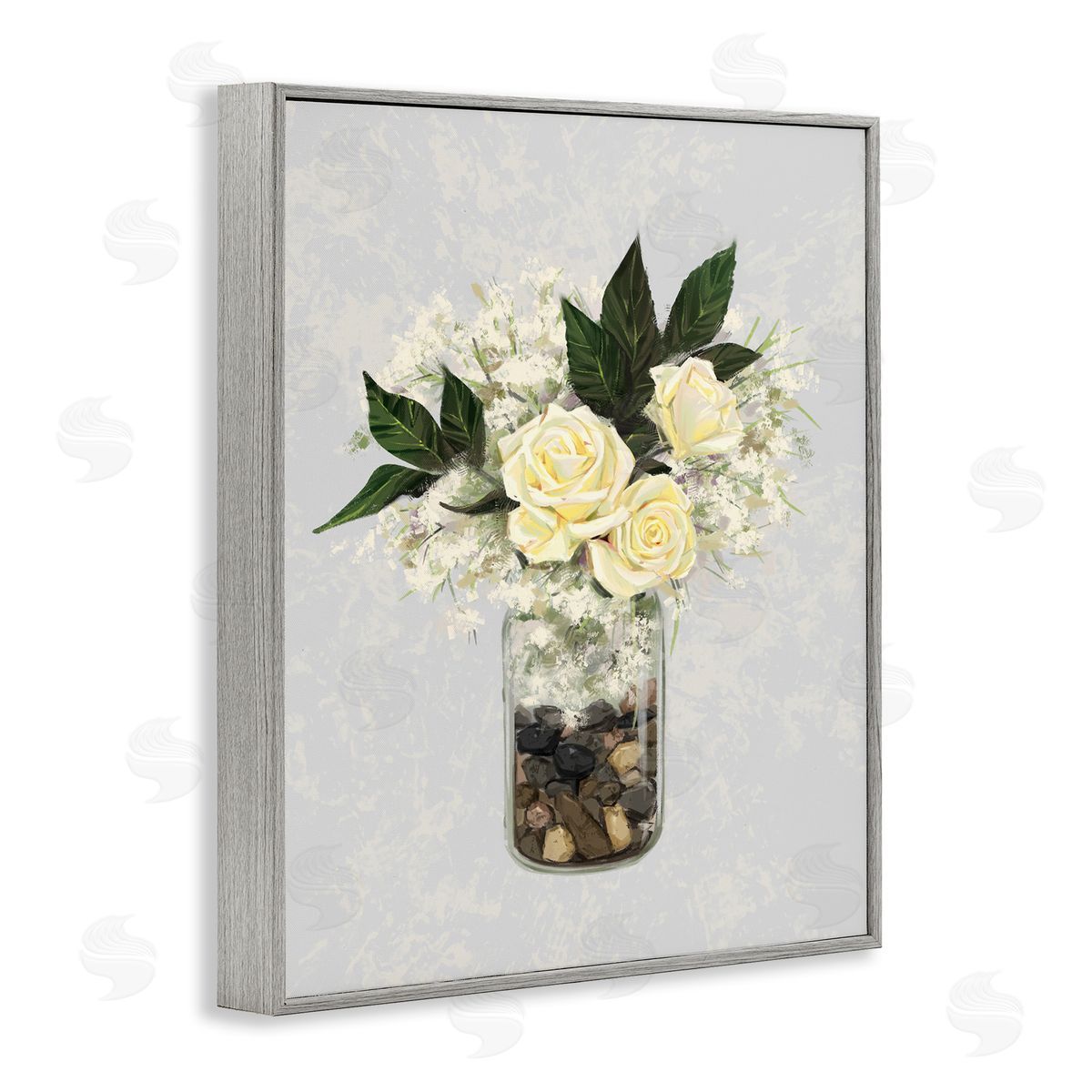 Ziwei Li Yellow Rose Flower Bouquet Decorated Rocks Vase  Gray Framed Giclee Wall Art Print