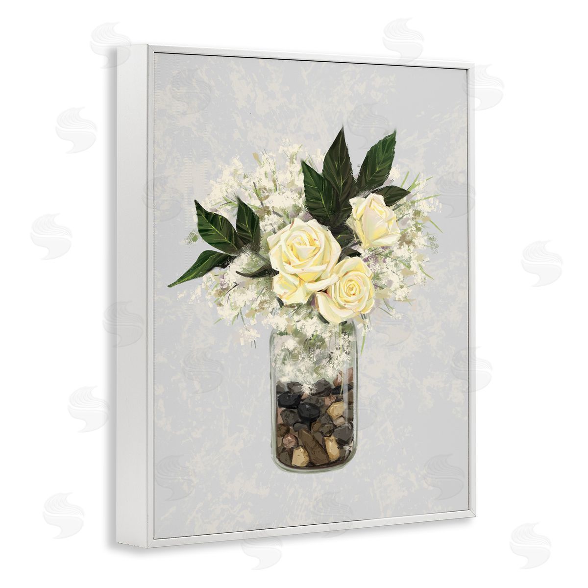 Ziwei Li Yellow Rose Flower Bouquet Decorated Rocks Vase  White Framed Giclee Wall Art Print