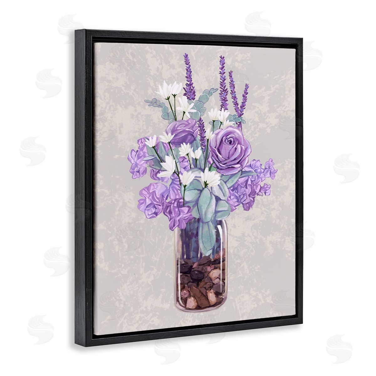 Ziwei Li Mixed Purple Bouquet Full Rose Wildflower Blooms  Black Floating Frame Canvas Wall Art Print