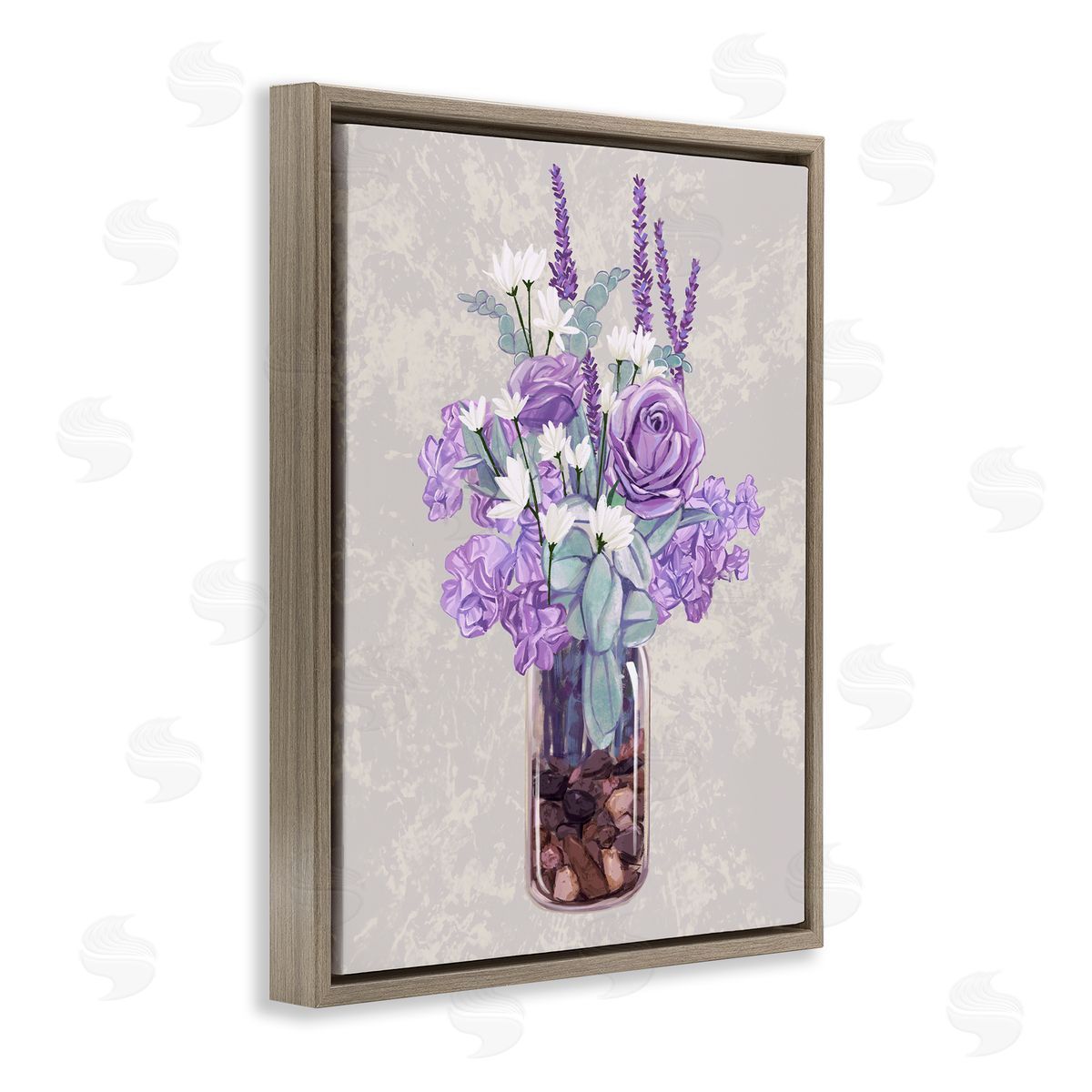 Ziwei Li Mixed Purple Bouquet Full Rose Wildflower Blooms  Brown Floating Frame Canvas Wall Art Print