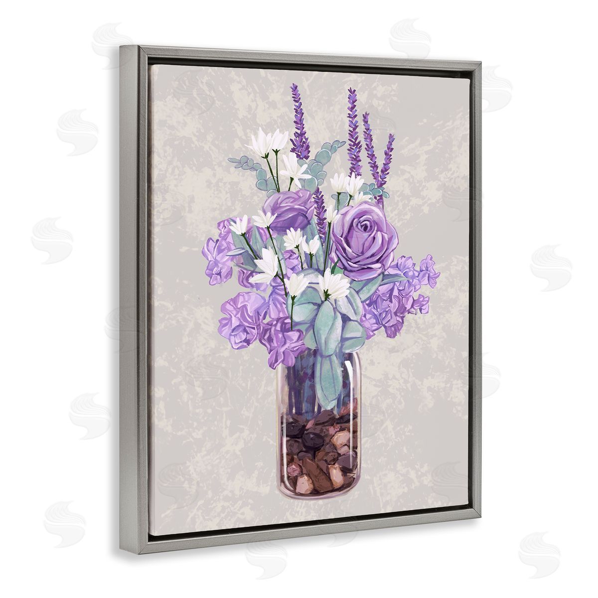 Ziwei Li Mixed Purple Bouquet Full Rose Wildflower Blooms  Gray Floating Frame Canvas Wall Art Print