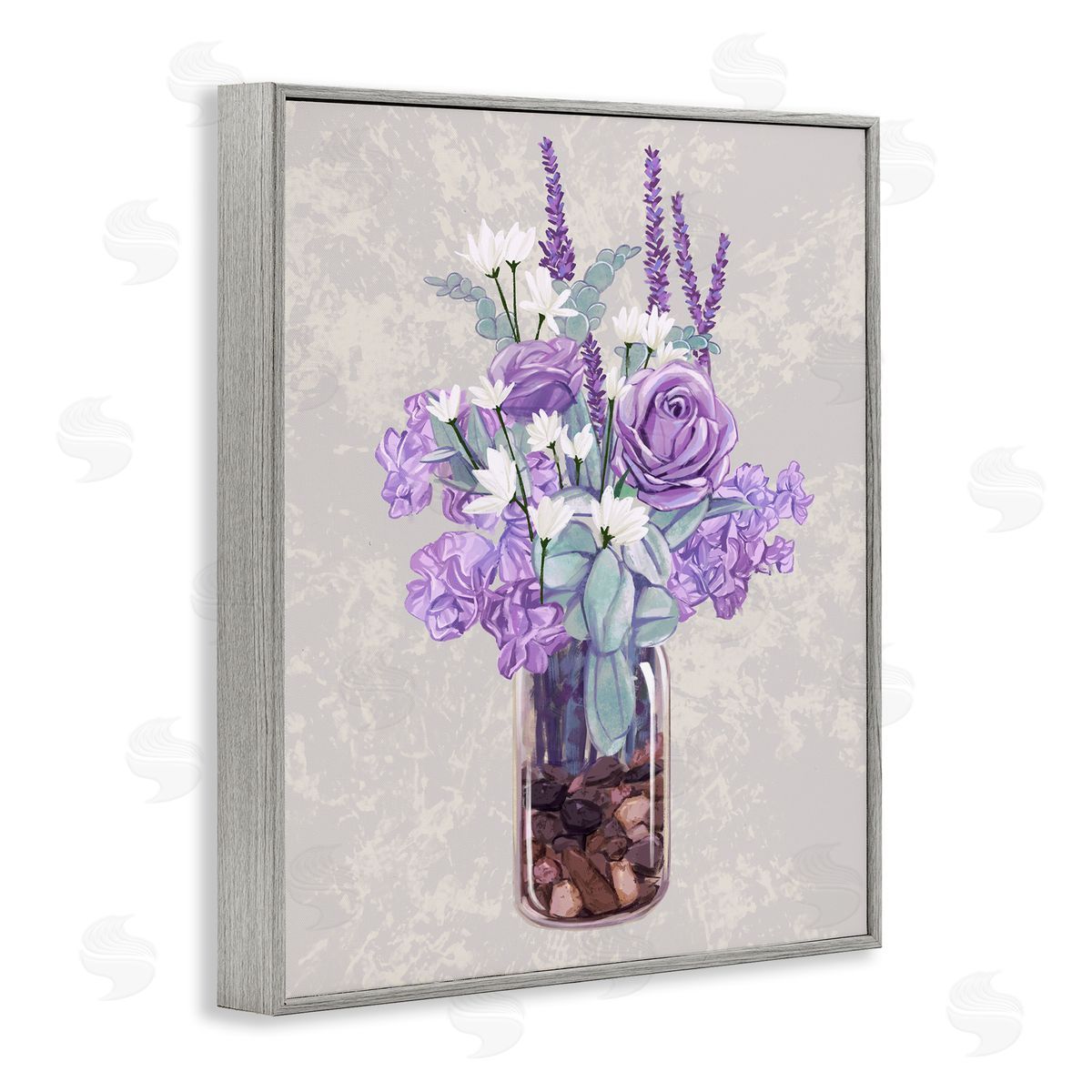 Ziwei Li Mixed Purple Bouquet Full Rose Wildflower Blooms  Gray Framed Giclee Wall Art Print