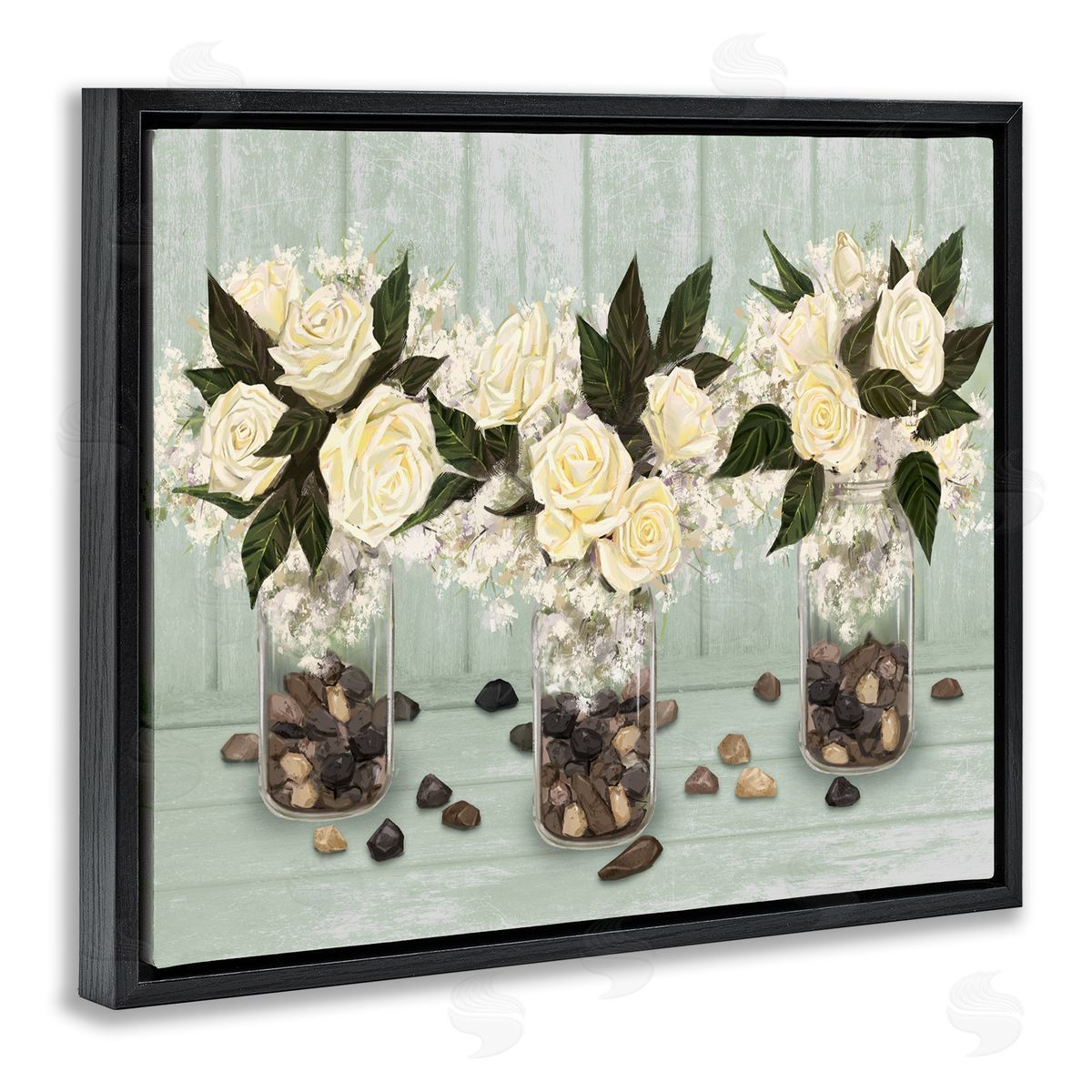 Ziwei Li Three Rose Bouquets Scattered Rocks Flower Arrangement Black Floating Frame Canvas Wall Art Print