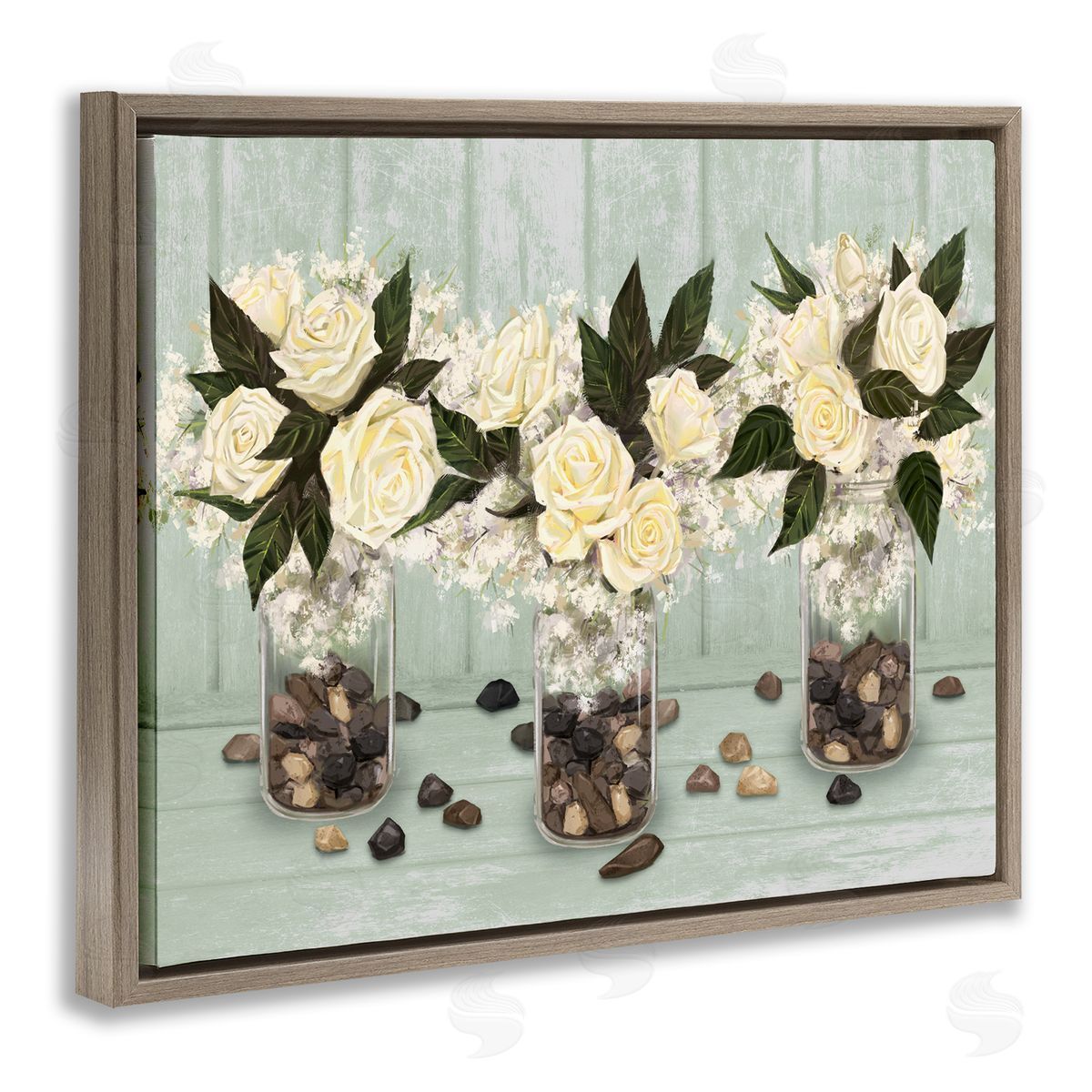 Ziwei Li Three Rose Bouquets Scattered Rocks Flower Arrangement Brown Floating Frame Canvas Wall Art Print