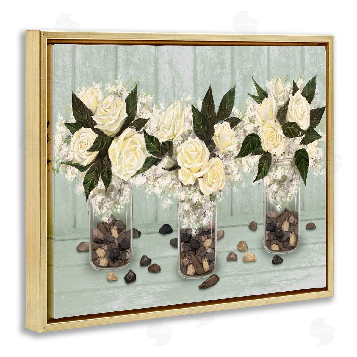 Ziwei Li Three Rose Bouquets Scattered Rocks Flower Arrangement Gold Floating Frame Canvas Wall Art Print