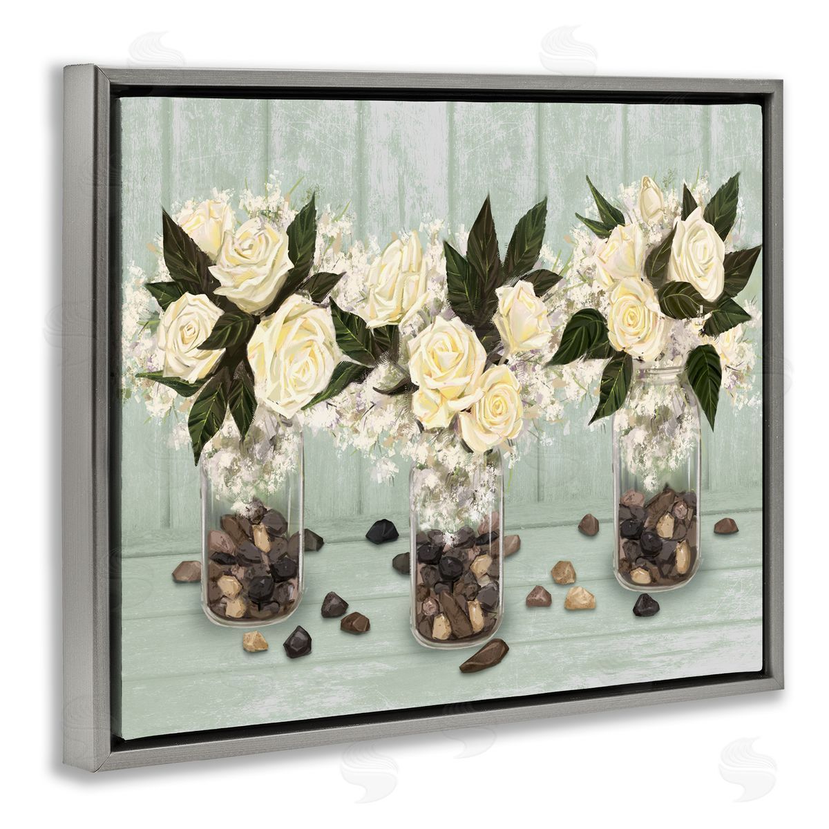 Ziwei Li Three Rose Bouquets Scattered Rocks Flower Arrangement Gray Floating Frame Canvas Wall Art Print