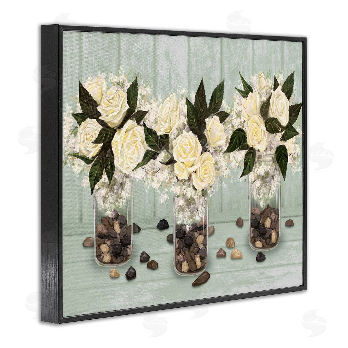 Ziwei Li Three Rose Bouquets Scattered Rocks Flower Arrangement Black Framed Giclee Wall Art Print