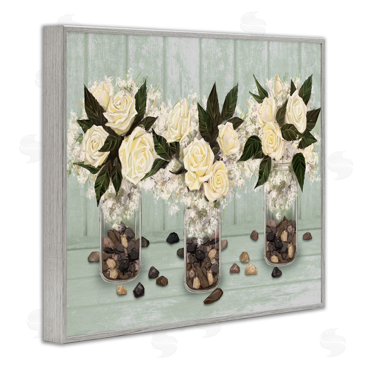 Ziwei Li Three Rose Bouquets Scattered Rocks Flower Arrangement Gray Framed Giclee Wall Art Print