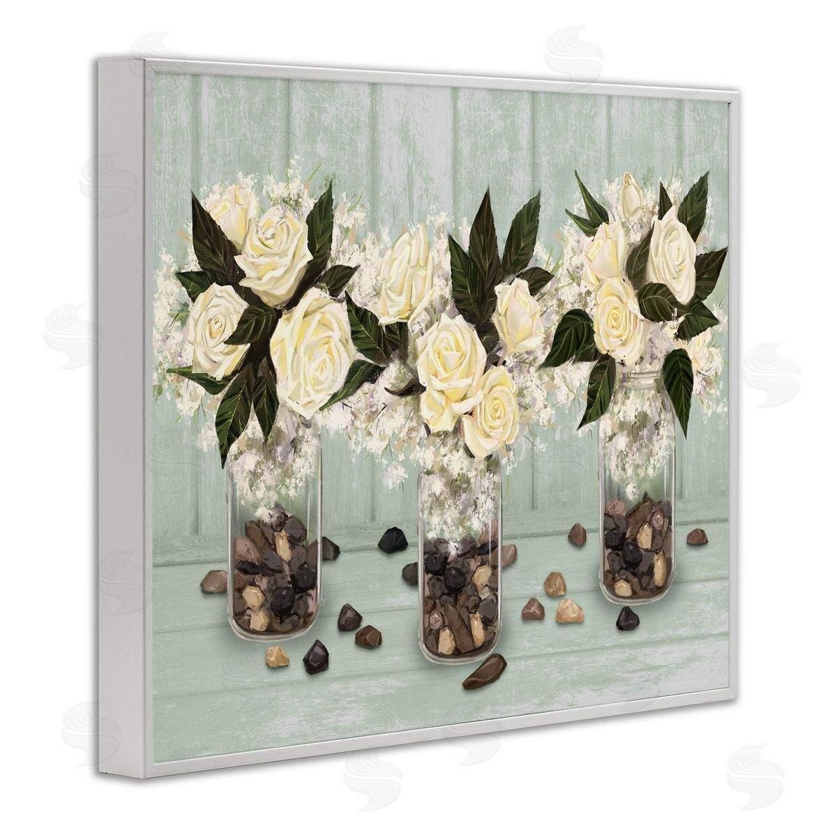 Ziwei Li Three Rose Bouquets Scattered Rocks Flower Arrangement White Framed Giclee Wall Art Print