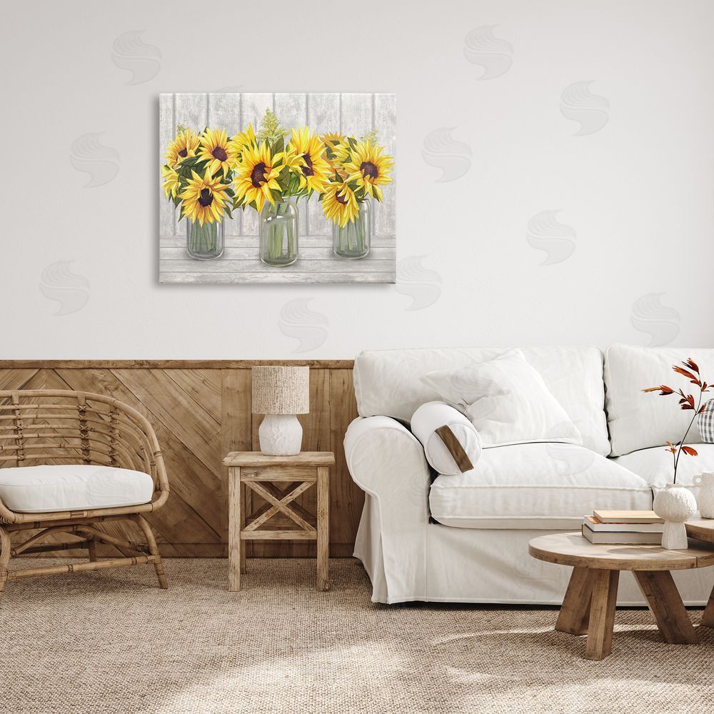Ziwei Li Three Sunflower Bouquets Country Planks Still Life Canvas Wall Art Print in Room