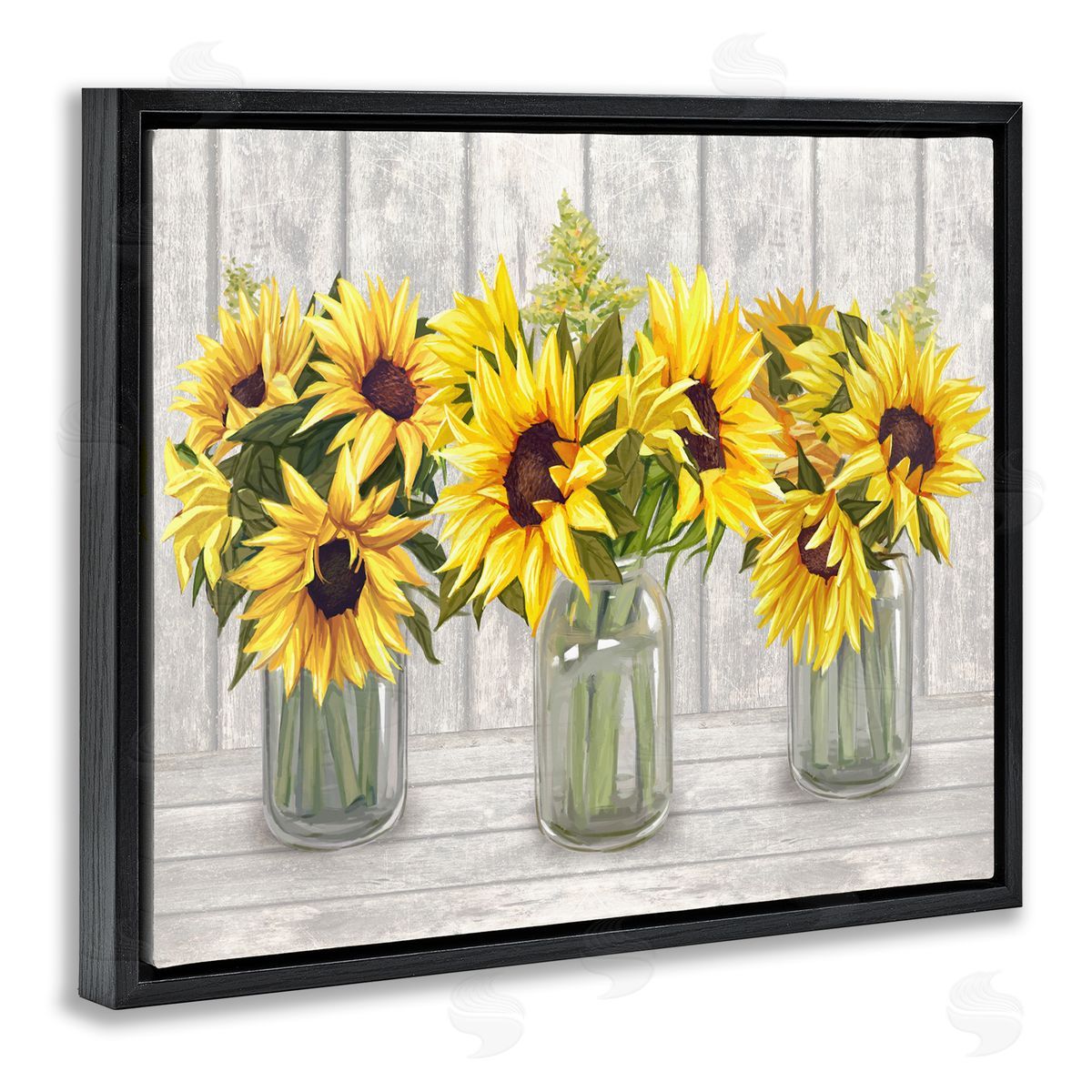Ziwei Li Three Sunflower Bouquets Country Planks Still Life Black Floating Frame Canvas Wall Art Print