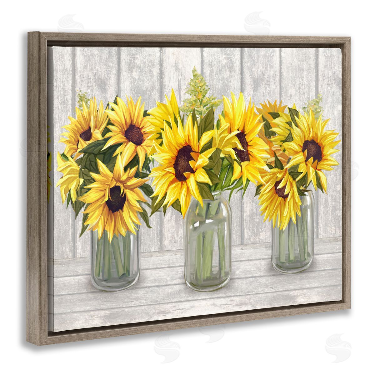 Ziwei Li Three Sunflower Bouquets Country Planks Still Life Brown Floating Frame Canvas Wall Art Print