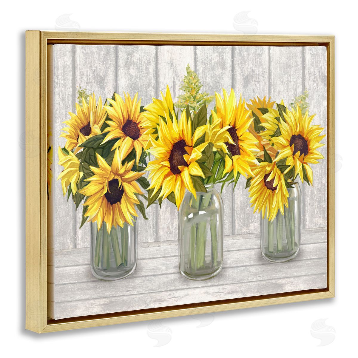 Ziwei Li Three Sunflower Bouquets Country Planks Still Life Gold Floating Frame Canvas Wall Art Print